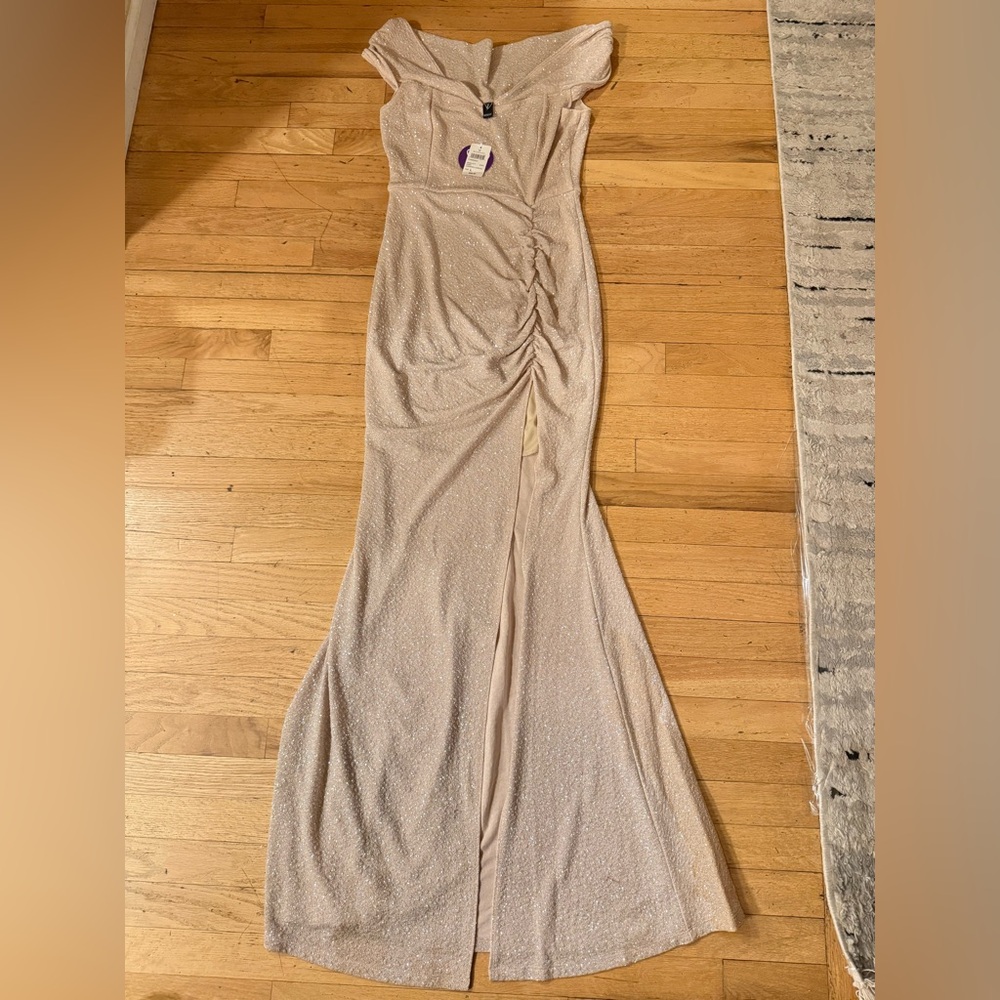 Windsor Beige Off-Shoulder Maxi Dress